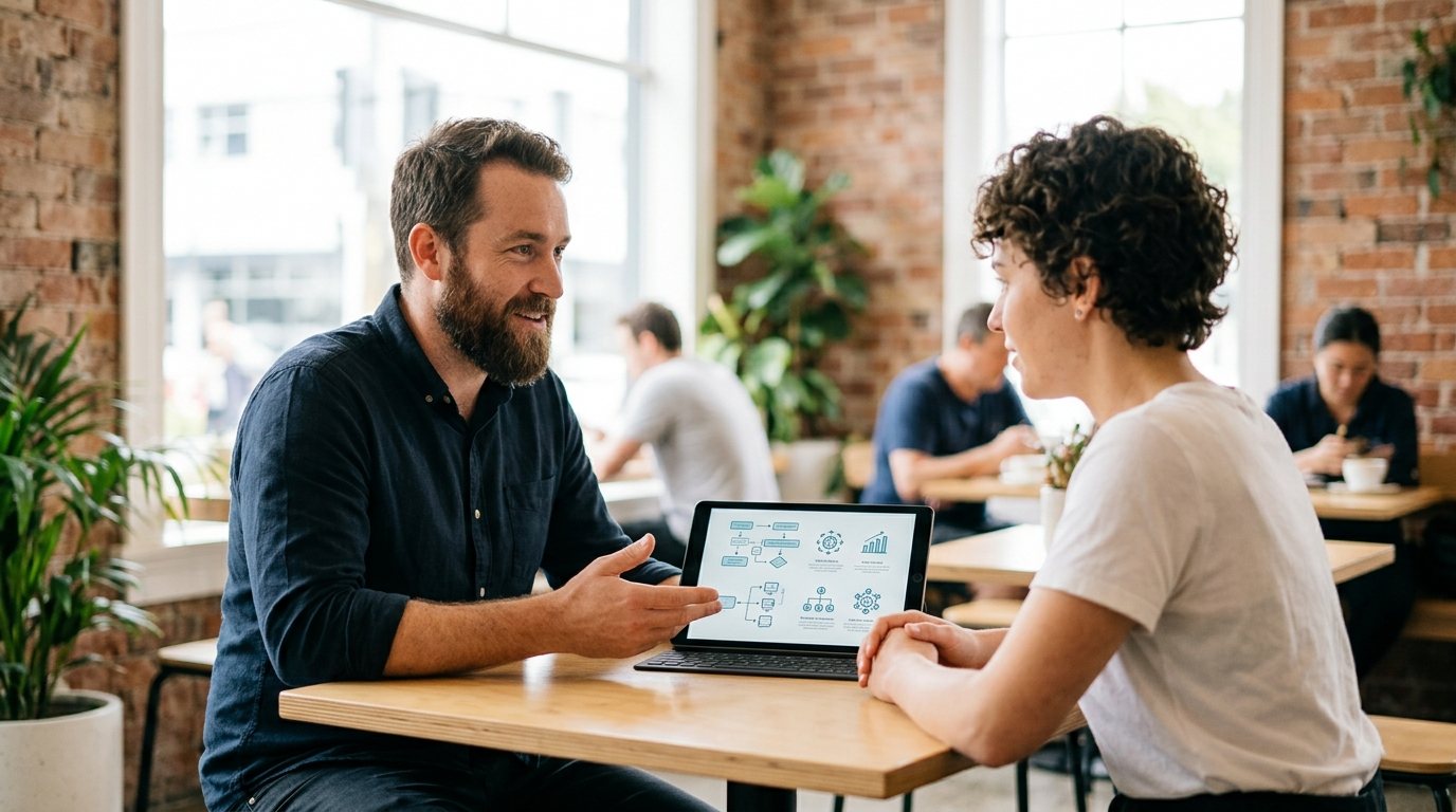 Two business owners comparing virtual assistant provider models over a tablet