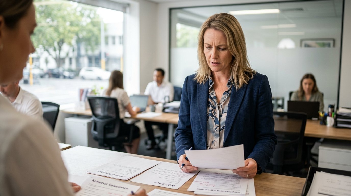 Practice manager reviewing KiwiSaver, ACC and employment agreement paperwork in an NZ office