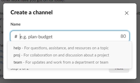 Creating a new Slack channel